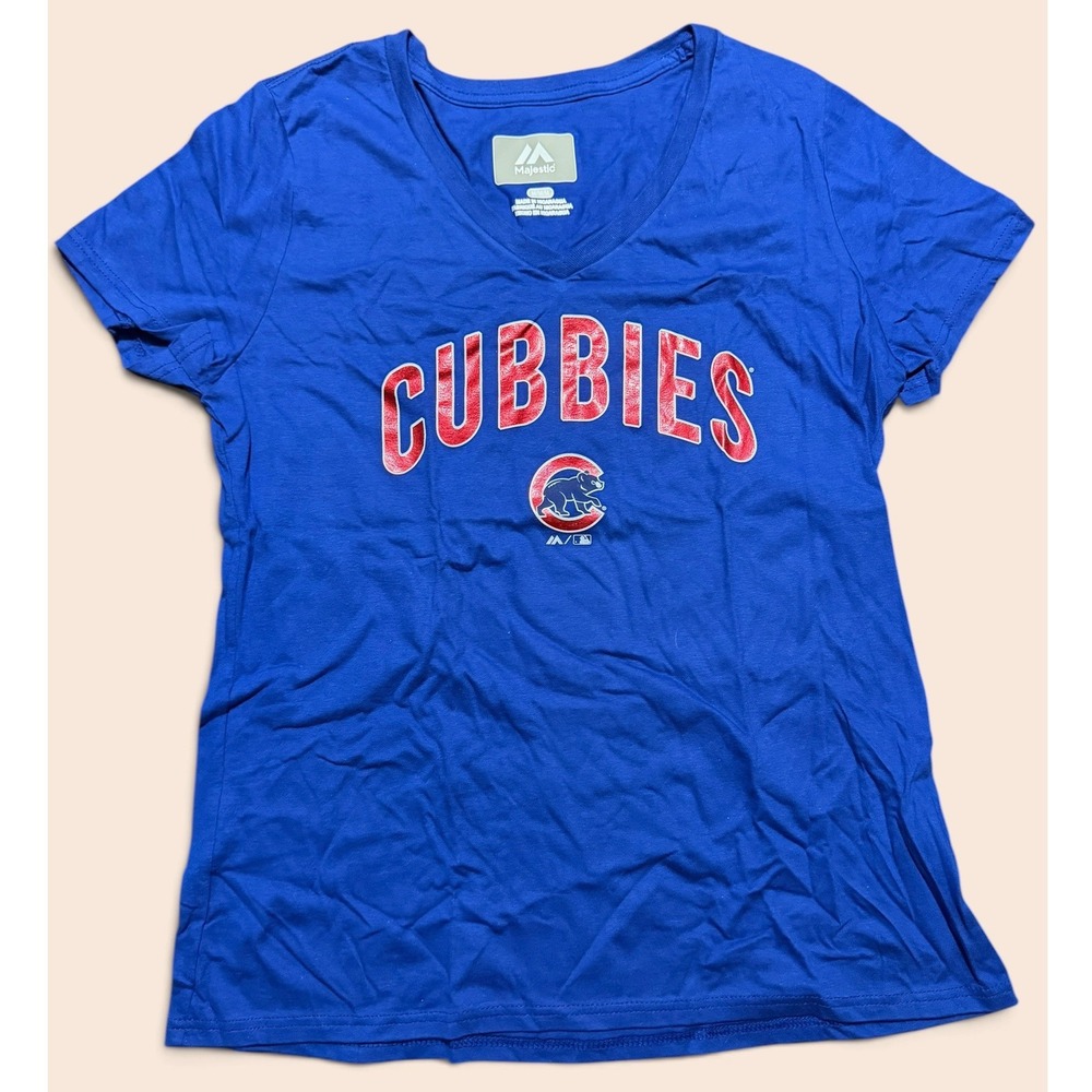 Majestic Chicago Cubs Cubbies V-Neck Graphic T-Shirt Blue Womens Medium MLB